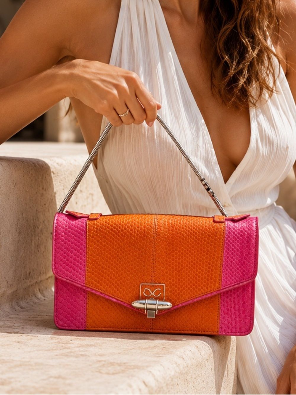MONIKA CHIANG NWT Colorblock Embossed Leather Clutch  Bag Pink Orange Purse Y2K